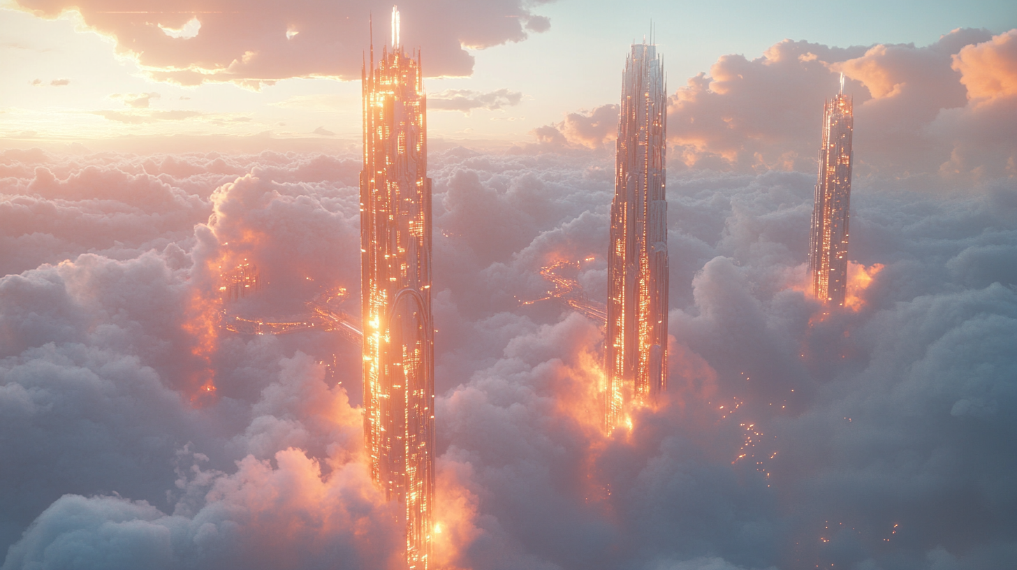 Towers connected by glowing bridges above cotton clouds.