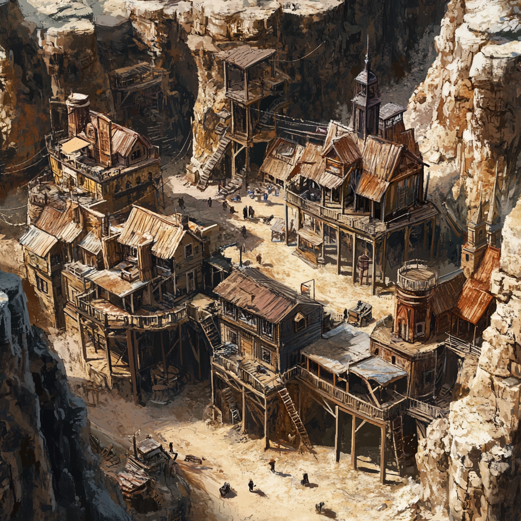 Town on stilts with buildings on rock formations connected by catwalks.