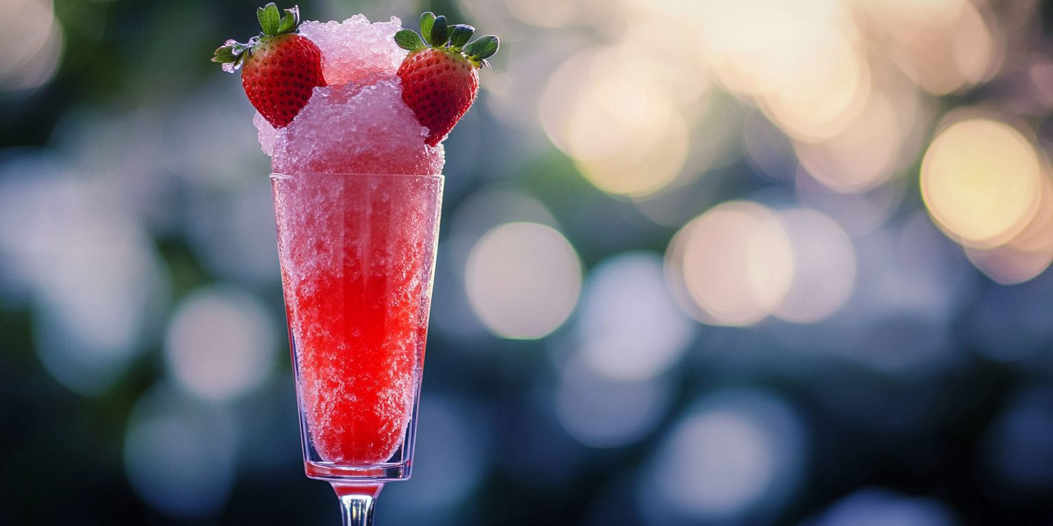 Toy syringe filled with red slushy over champagne flute.