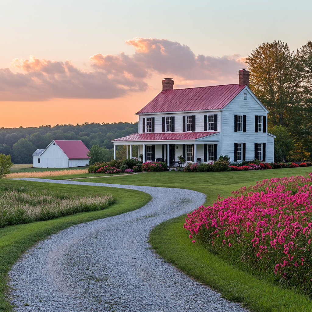 Traditional American farmhouse with red roof and white siding.