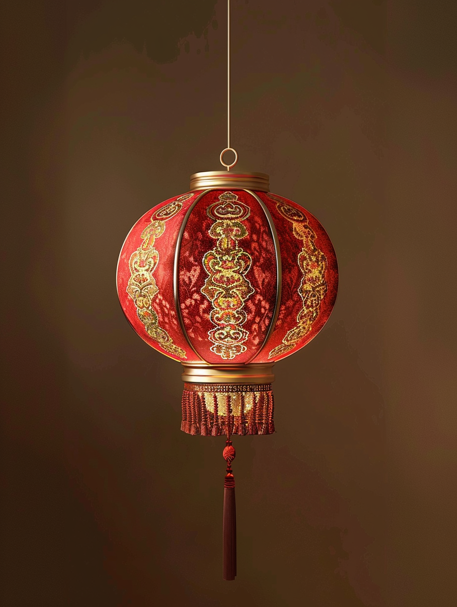 Traditional Chinese lantern with intricate gold patterns and tassels.