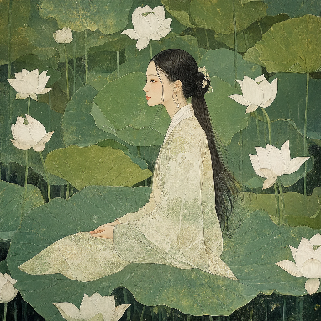 Traditional Hanfu beauty on lotus leaf, green leaves background.