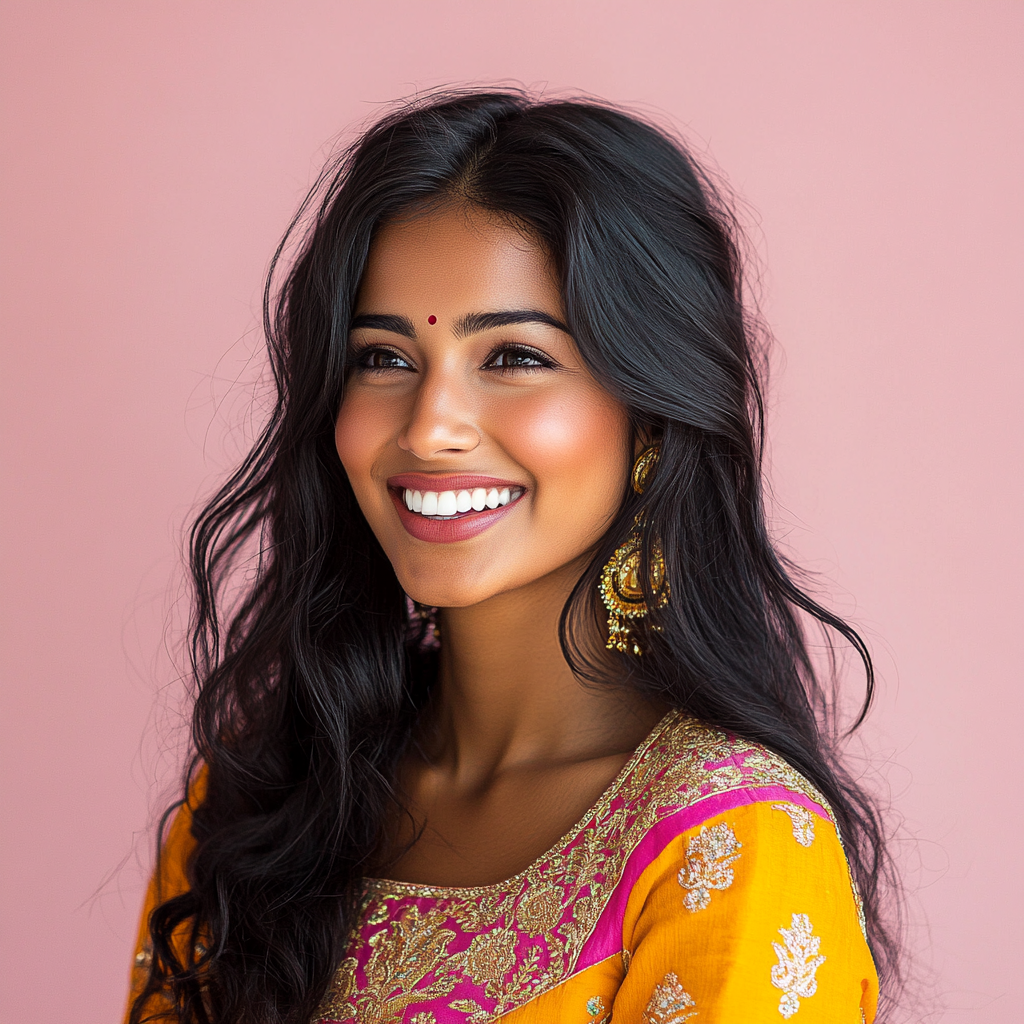 Traditional Indian model in Diwali outfit, happy expression