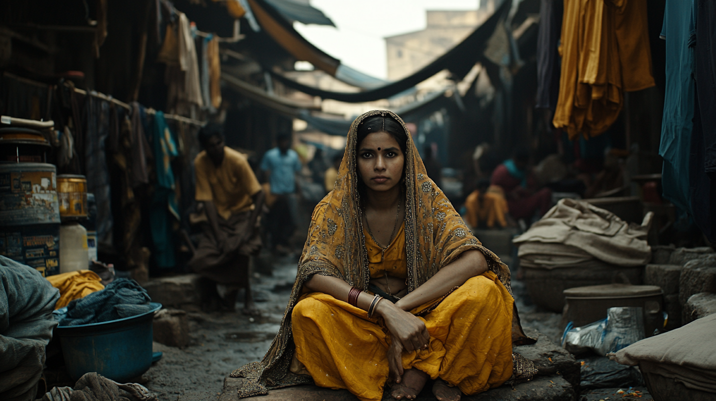 Traditional Indian woman in slum with workers behind.