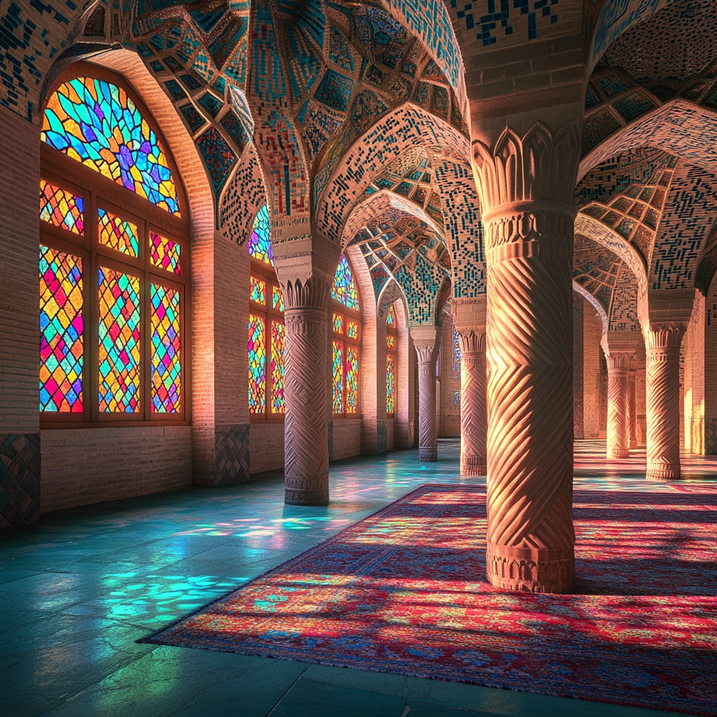 Traditional Iranian mosque courtyard with stained-glass windows reflecting patterns.