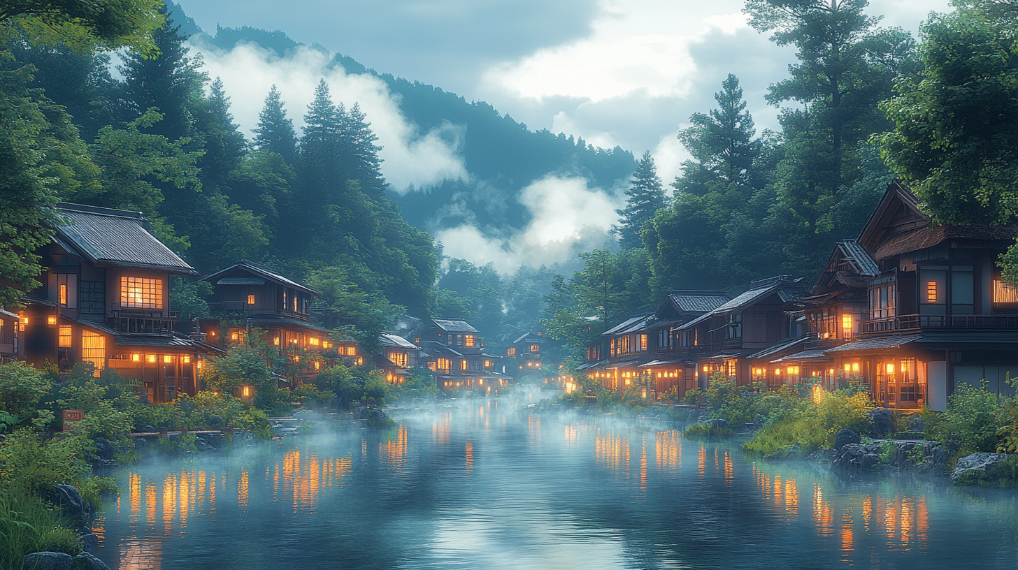 Traditional Japanese Hot Spring Village nestled in mountains