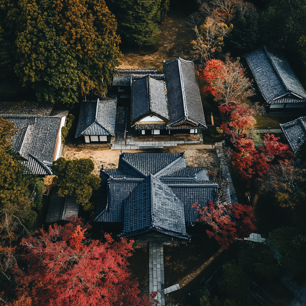 Traditional Japanese house in autumn captured from above.