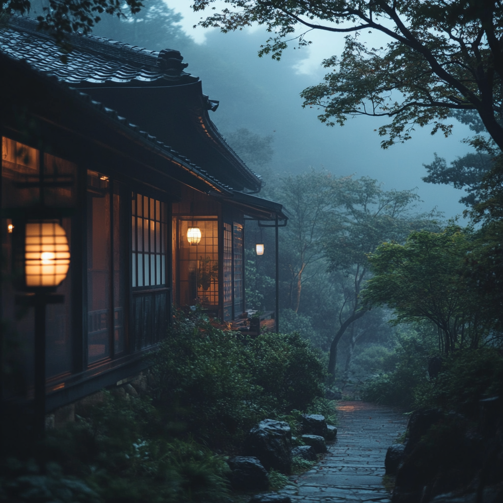 Traditional Japanese house with an engawa in moonlight.