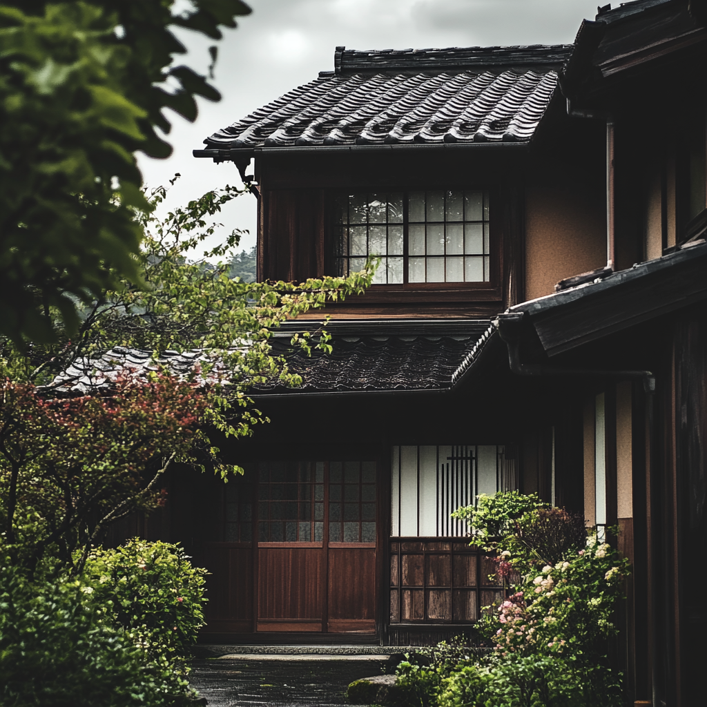 Traditional Japanese house with engawa, natural scene.