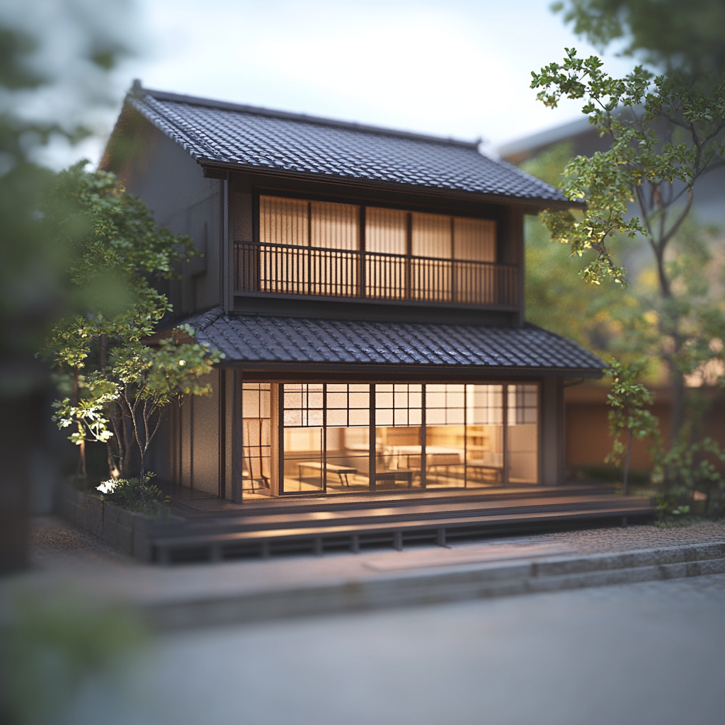 Traditional Japanese townhouse with engawa in limited depth.