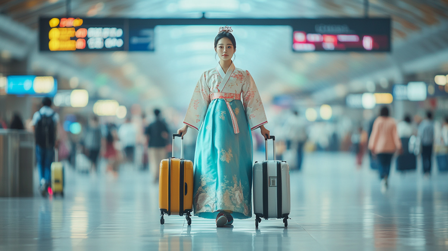 Traditional Korean Woman Gracefully Navigates Incheon Airport.