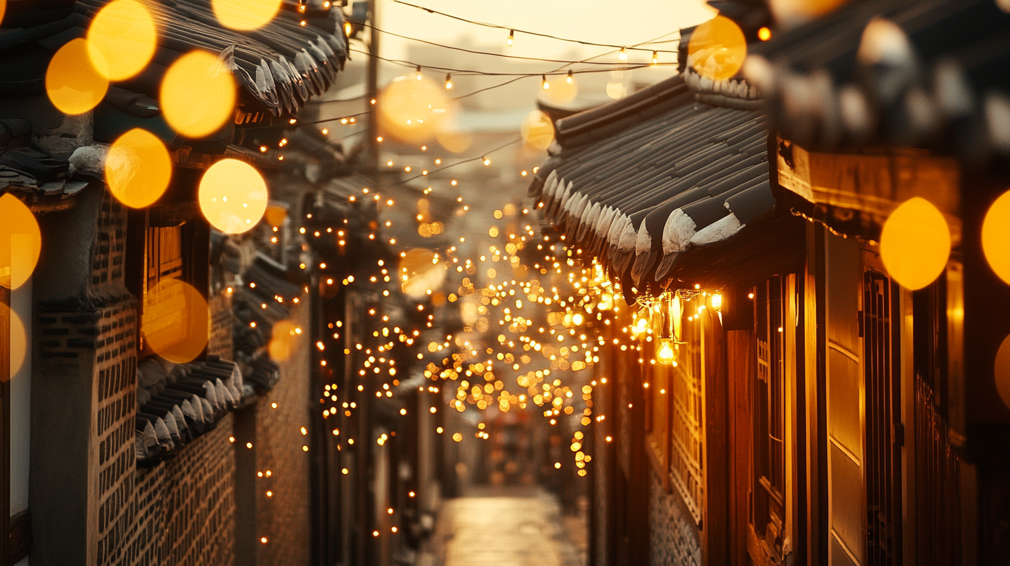 Traditional Korean alleyway with warm tones and lights