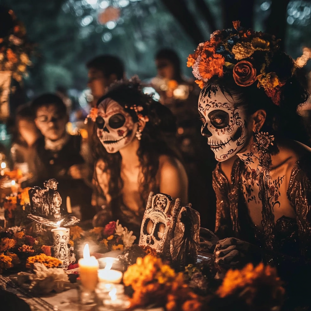 Traditional Mexican celebration at dawn with altar