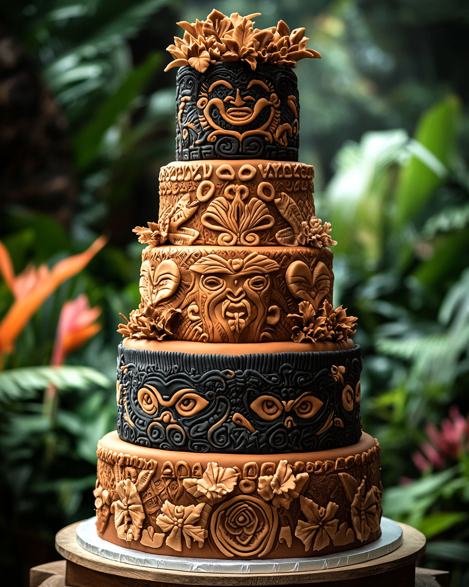 Traditional Polynesian themed wedding cake in garden