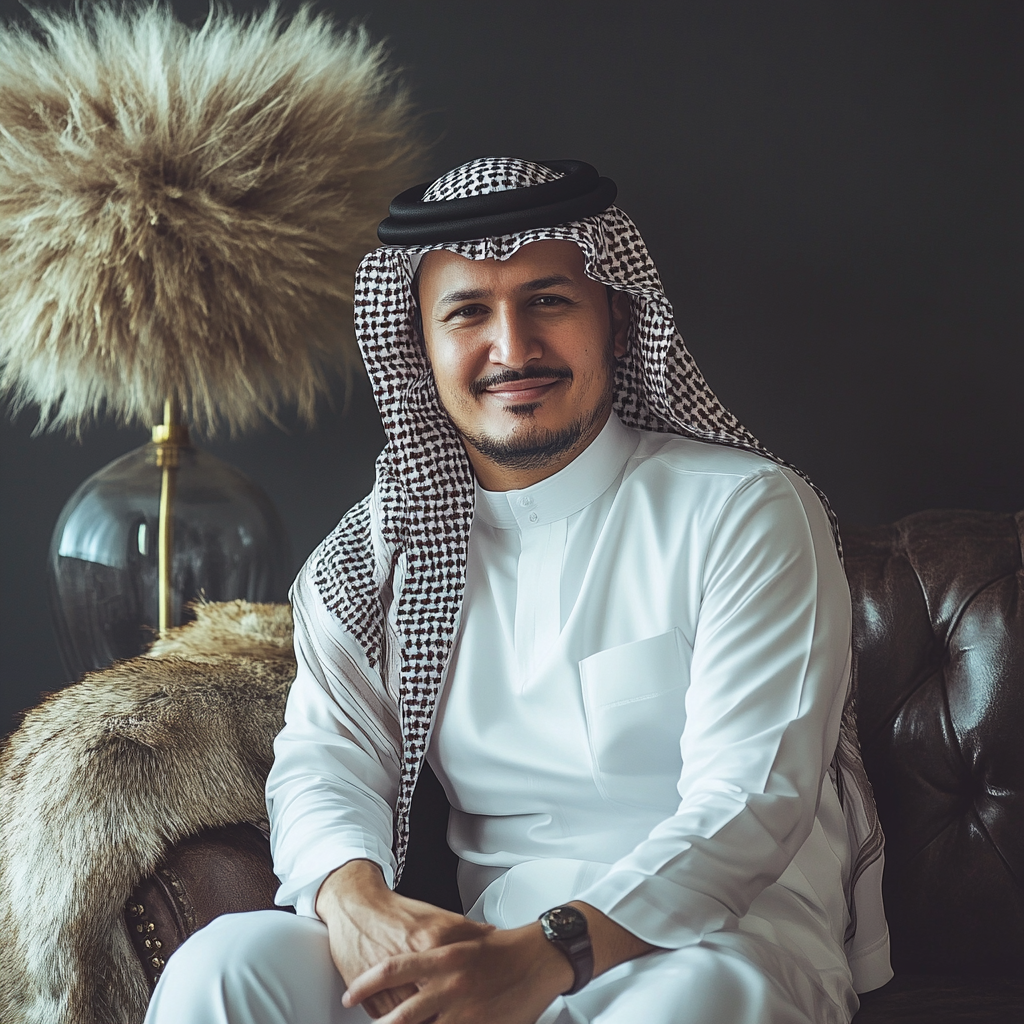 Traditional Saudi man seated on leather sofa, smiling softly.