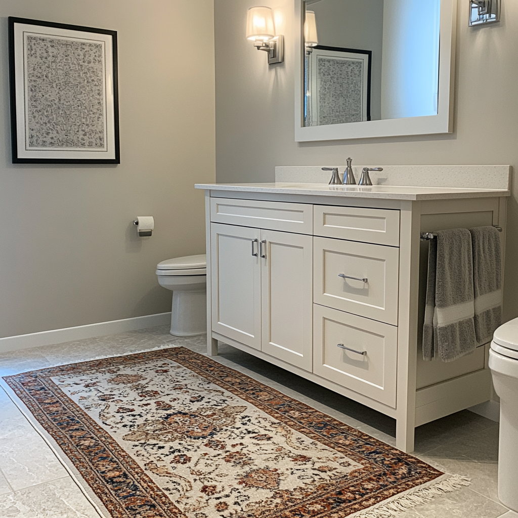 Traditional basement bathroom with muted colors and oriental rug.