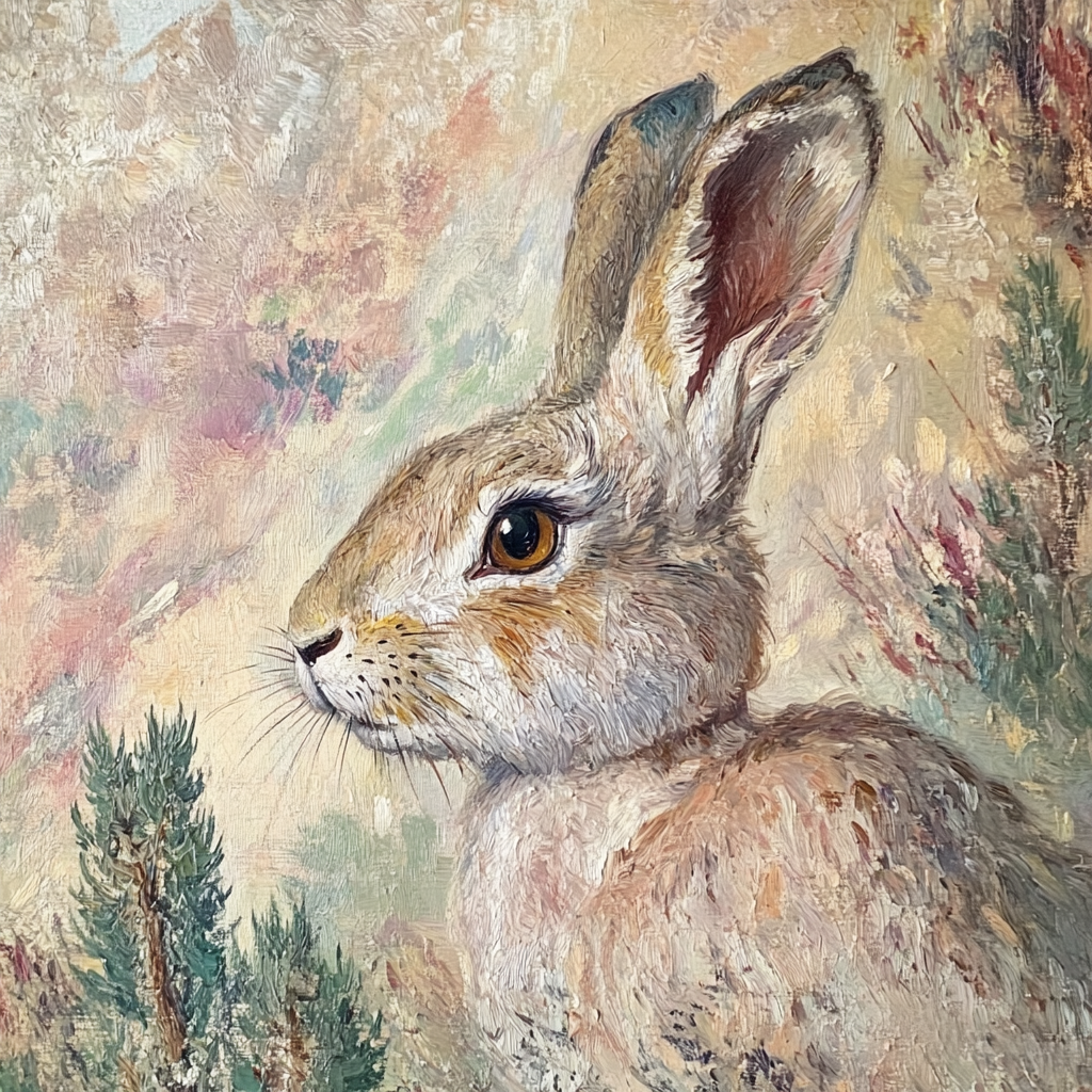 Traditional oil painting of desert hare amidst desert trees.