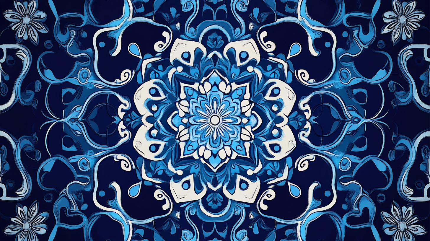 Traditional patterns with Korean designs, blue lines scattered centrally.