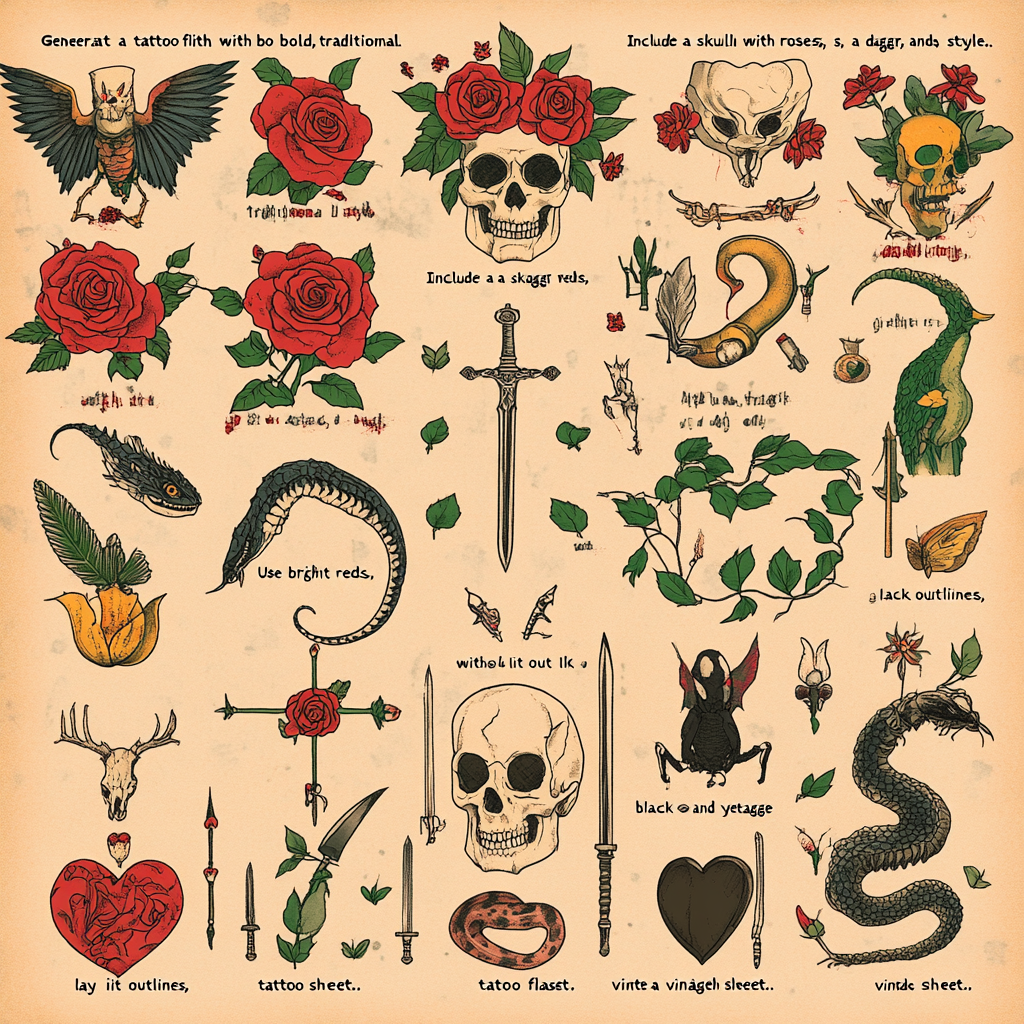 Traditional tattoo flash sheet with skull, dagger, heart.