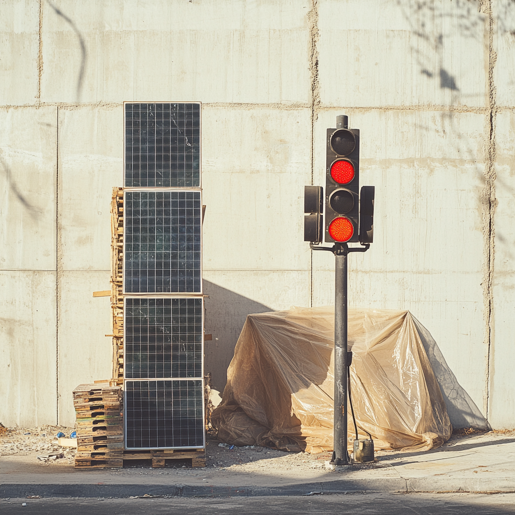 Traffic lights, solar panels at outdoor construction site.