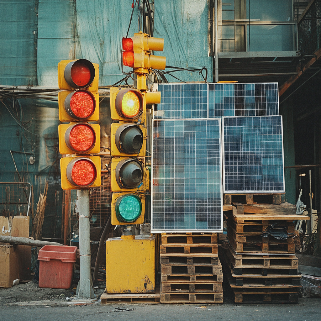 Traffic lights and solar panels stacked outdoors.