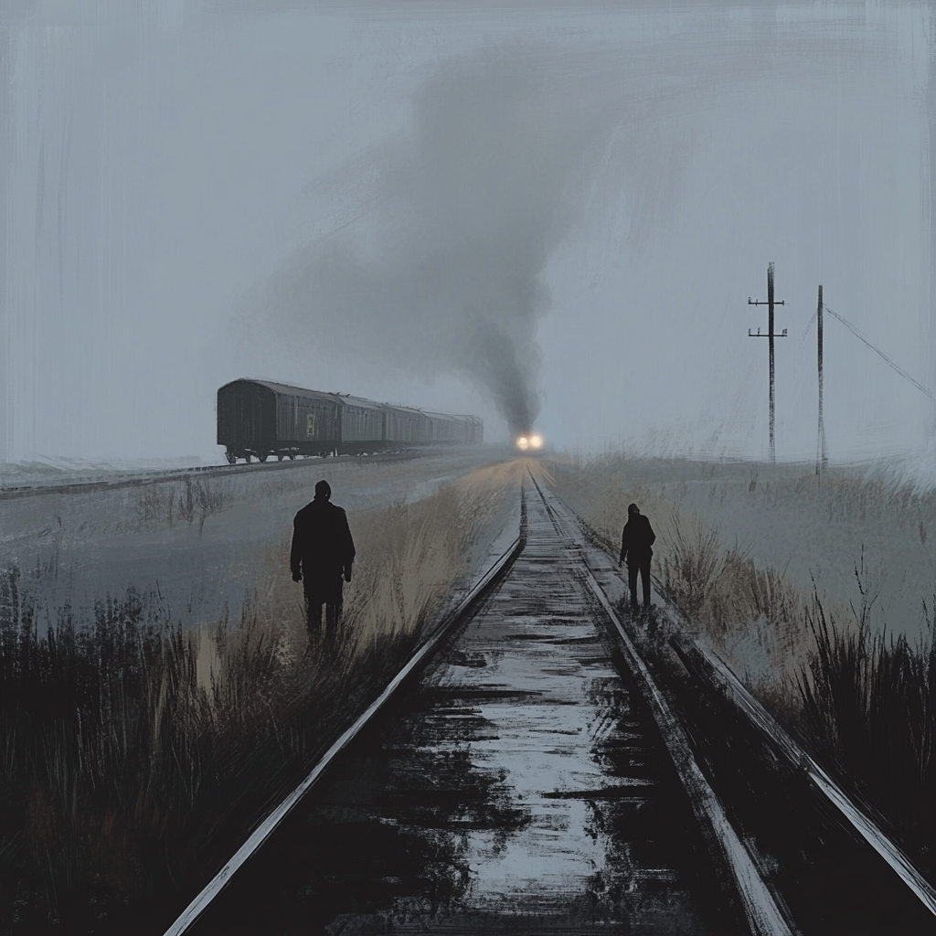 Train and People on Railroad Tracks