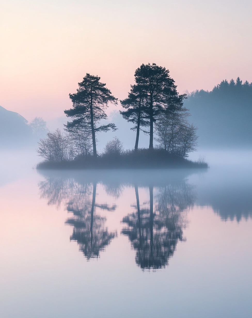 Tranquil Dutch forest morning with misty reflection