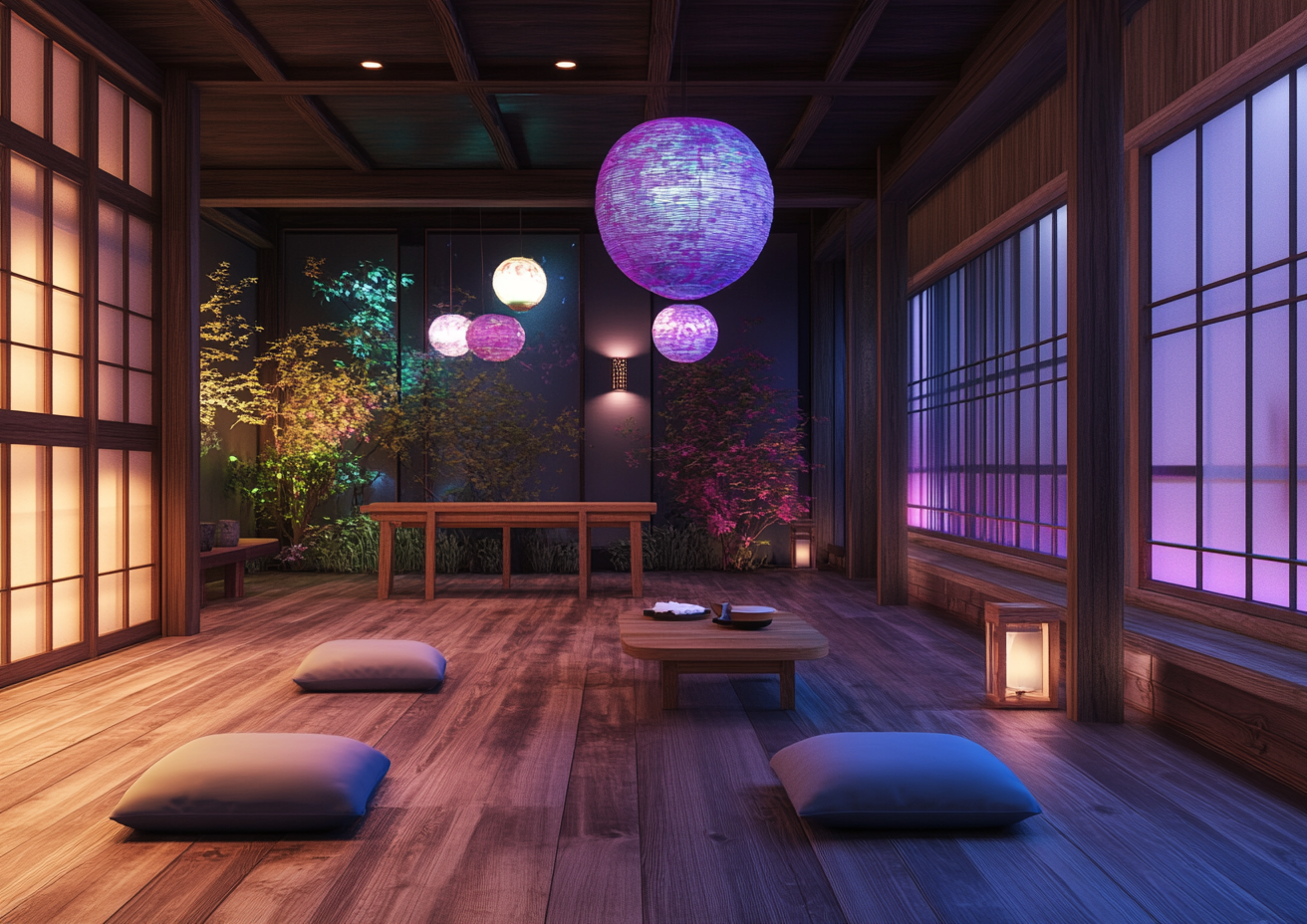 Tranquil Japanese Tea House with Mushroom Motifs