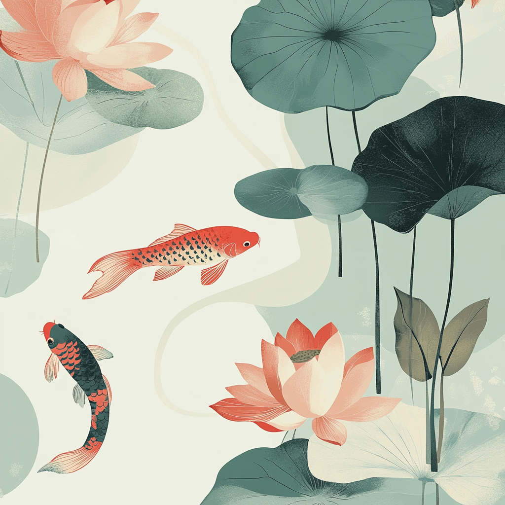 Tranquil Japanese garden with water lilies and koi