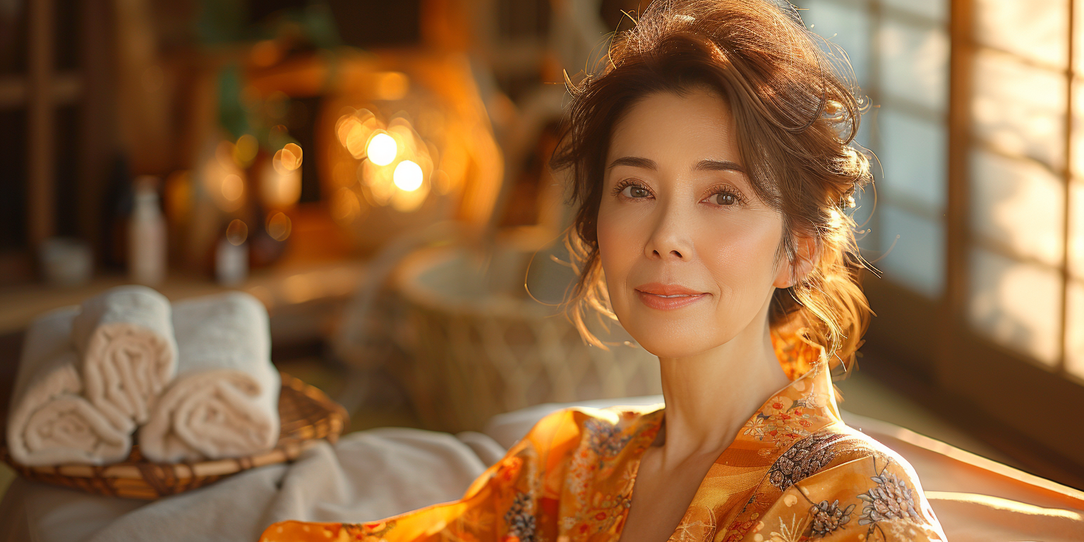 Tranquil Japanese woman on spa massage bed