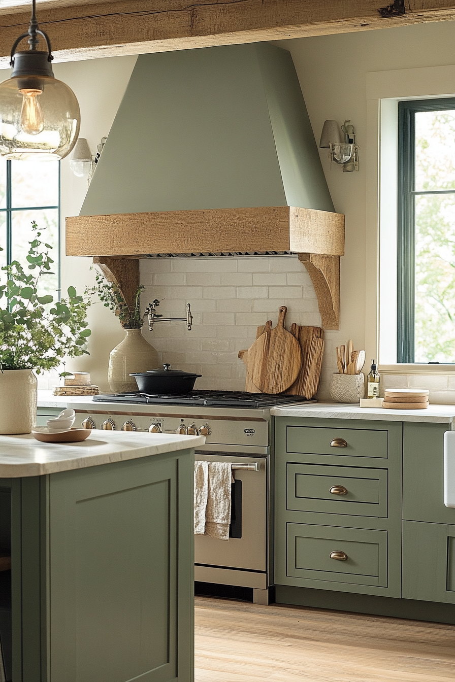 Tranquil Sage Green Kitchen with Natural Wood Accents