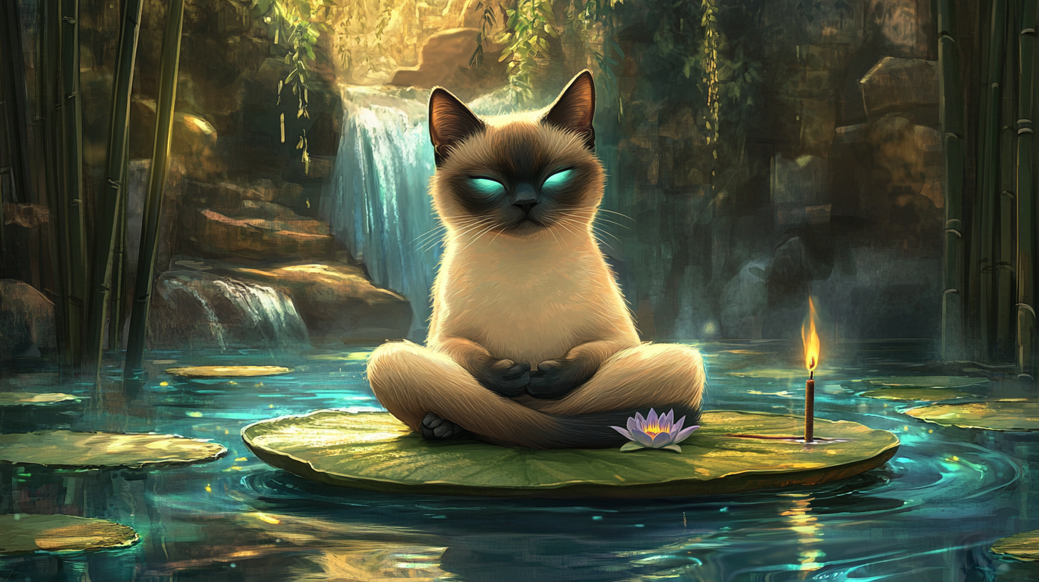 Tranquil Siamese cat meditates on lily pad.