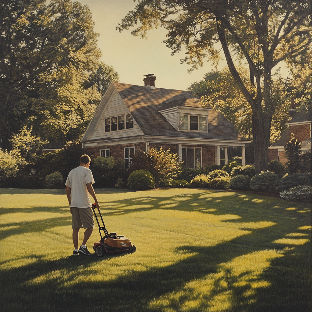 Tranquil Suburban Man Mowing Lawn in Warm Sunlight 