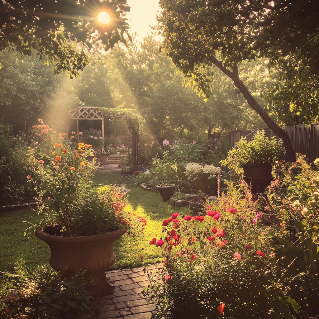 Tranquil Sunday Morning Garden with Gardener, iPhone 15 Pro 