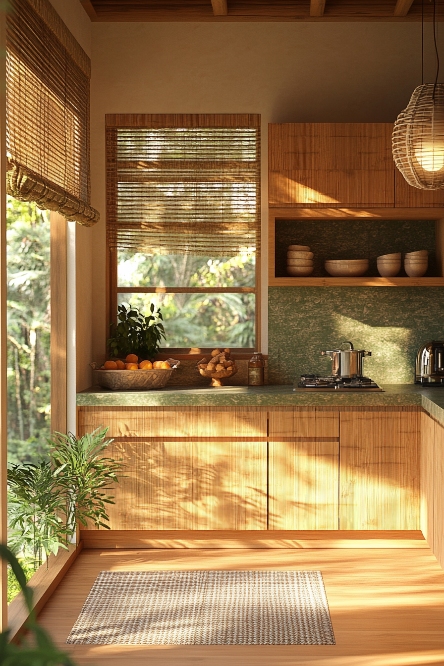 Tranquil Zen kitchen with bamboo elements and natural stone