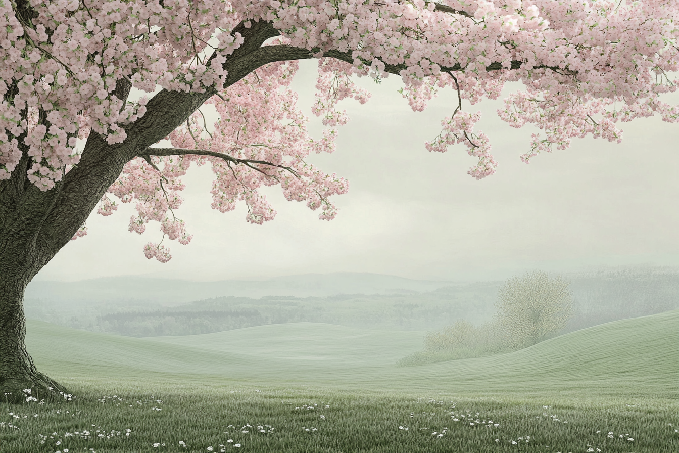 Tranquil cherry blossom tree in lush green field. Serene.