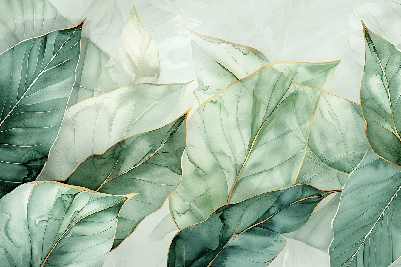 Tranquil green leaf mural with gold accents