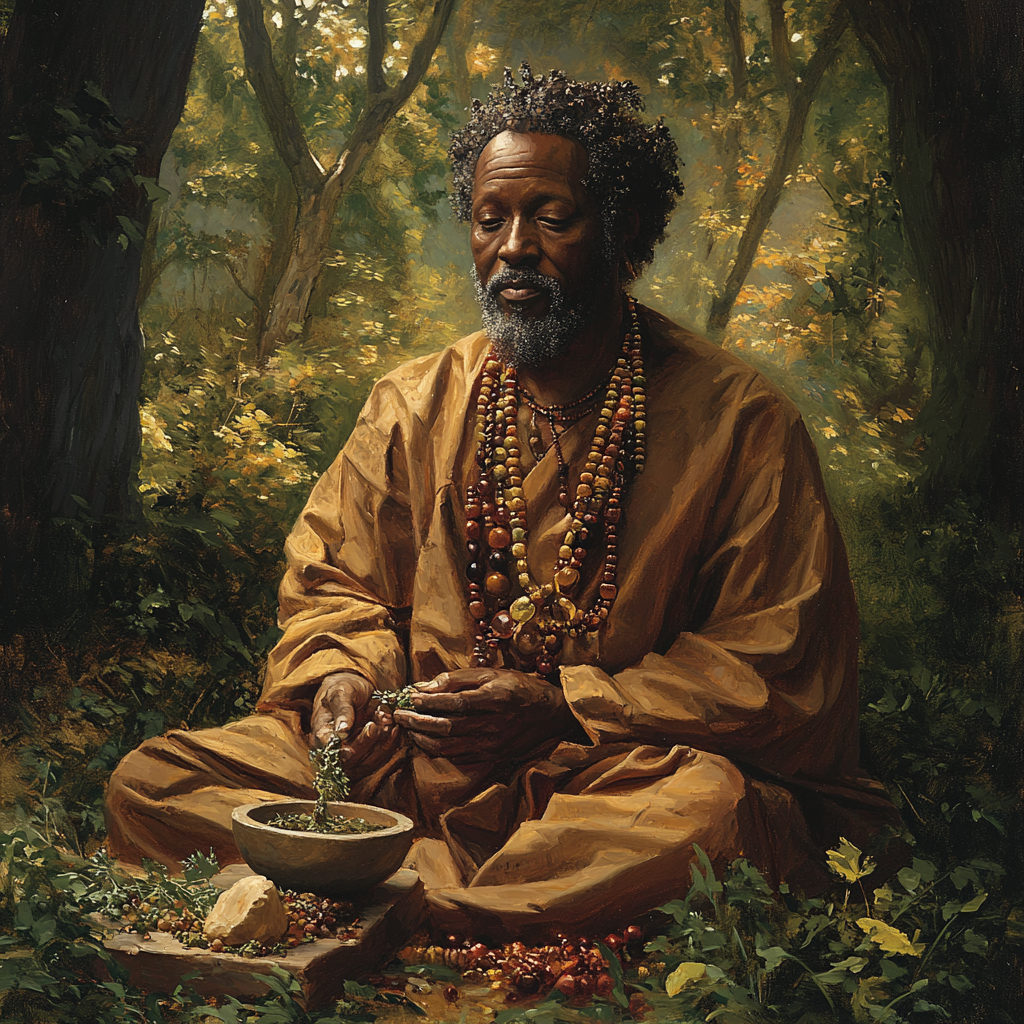 Tranquil image of Sundiata, African healer, surrounded by nature.