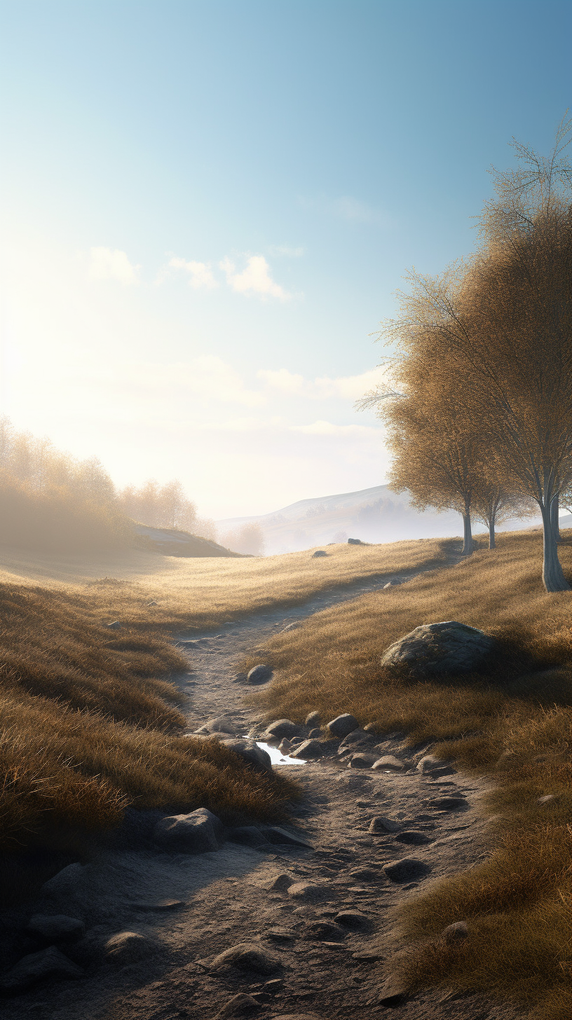 Tranquil landscape with hills, path, trees, stream.