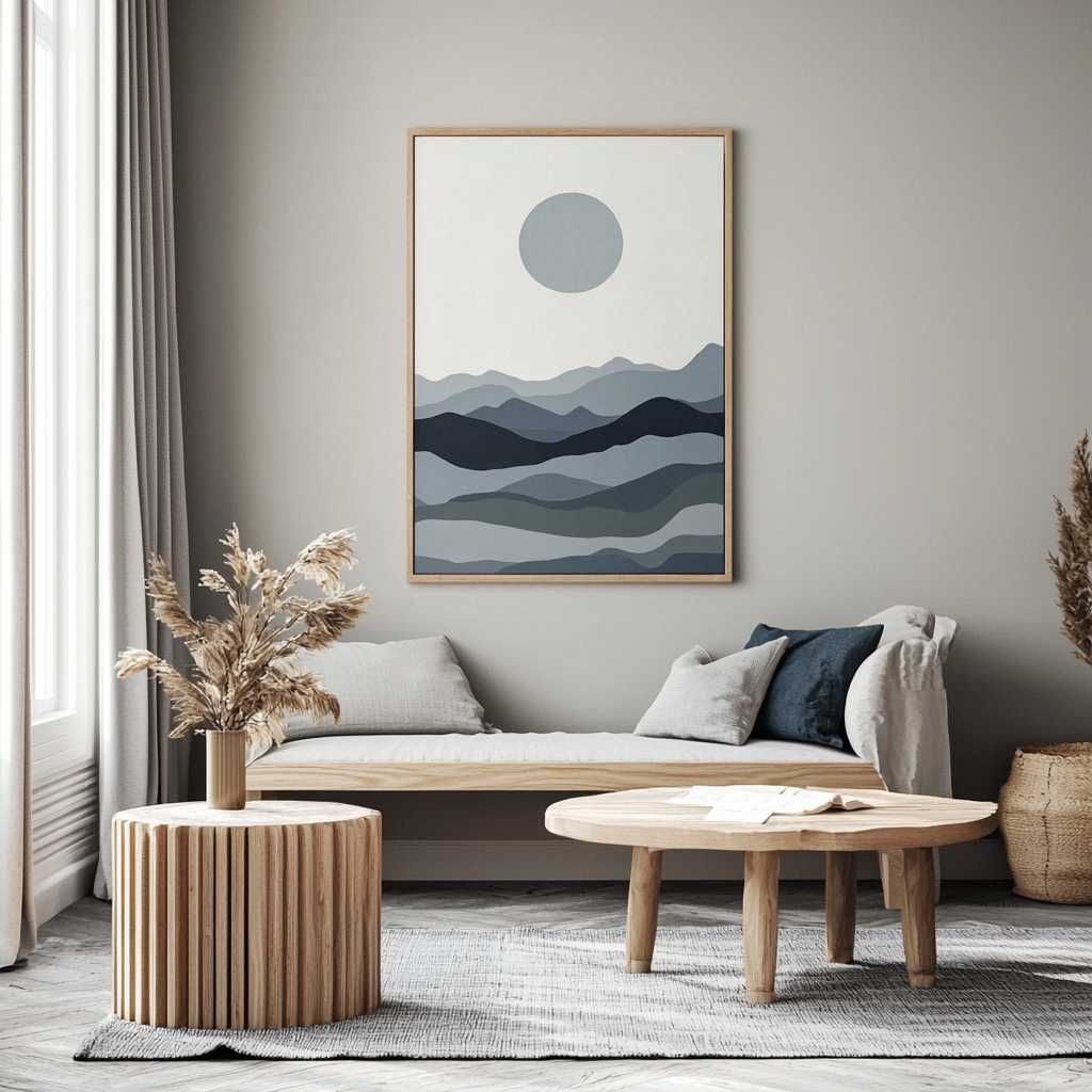 Tranquil minimalist wall art inspired by Nordic fjords.