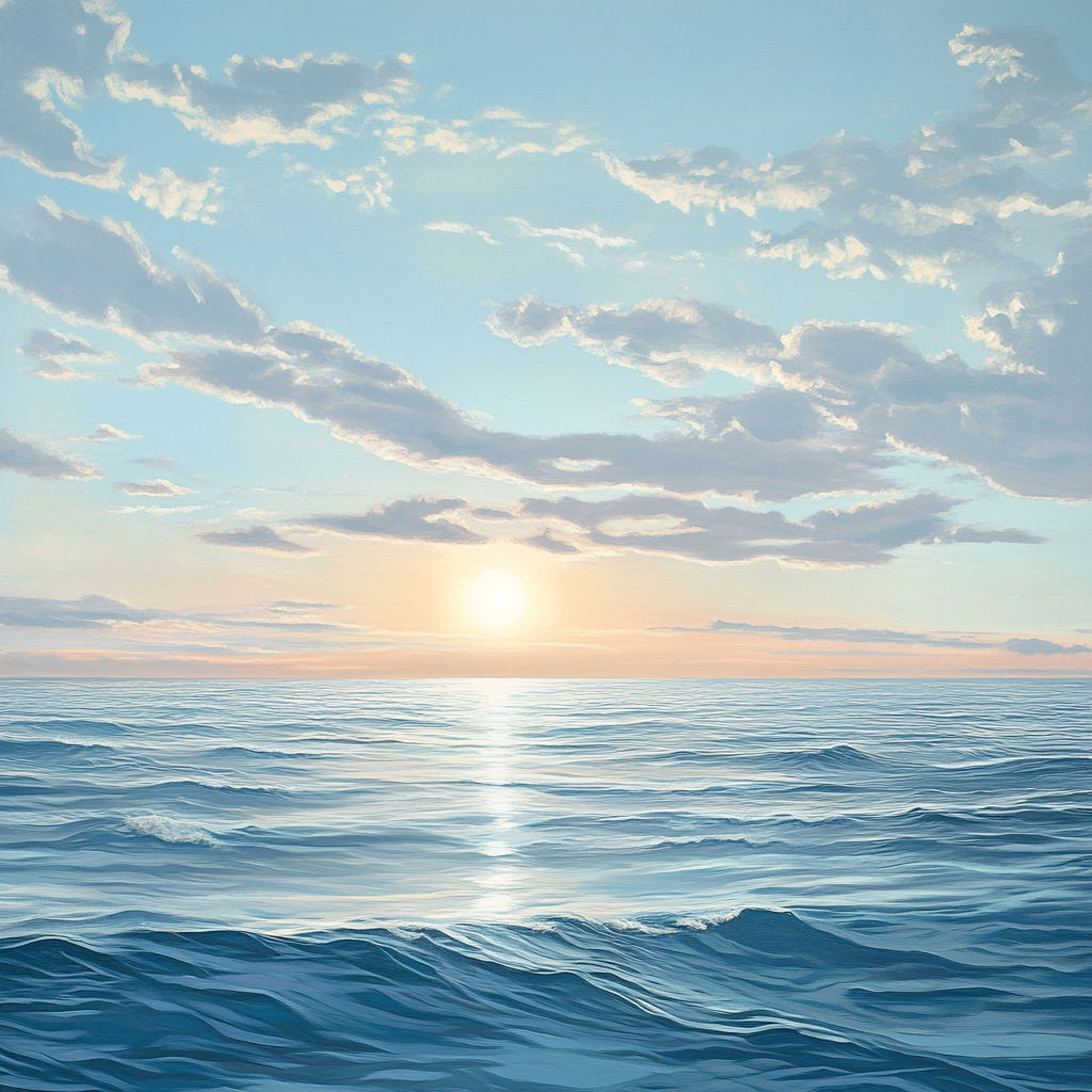 Tranquil ocean with gentle waves in soft pastel colors.