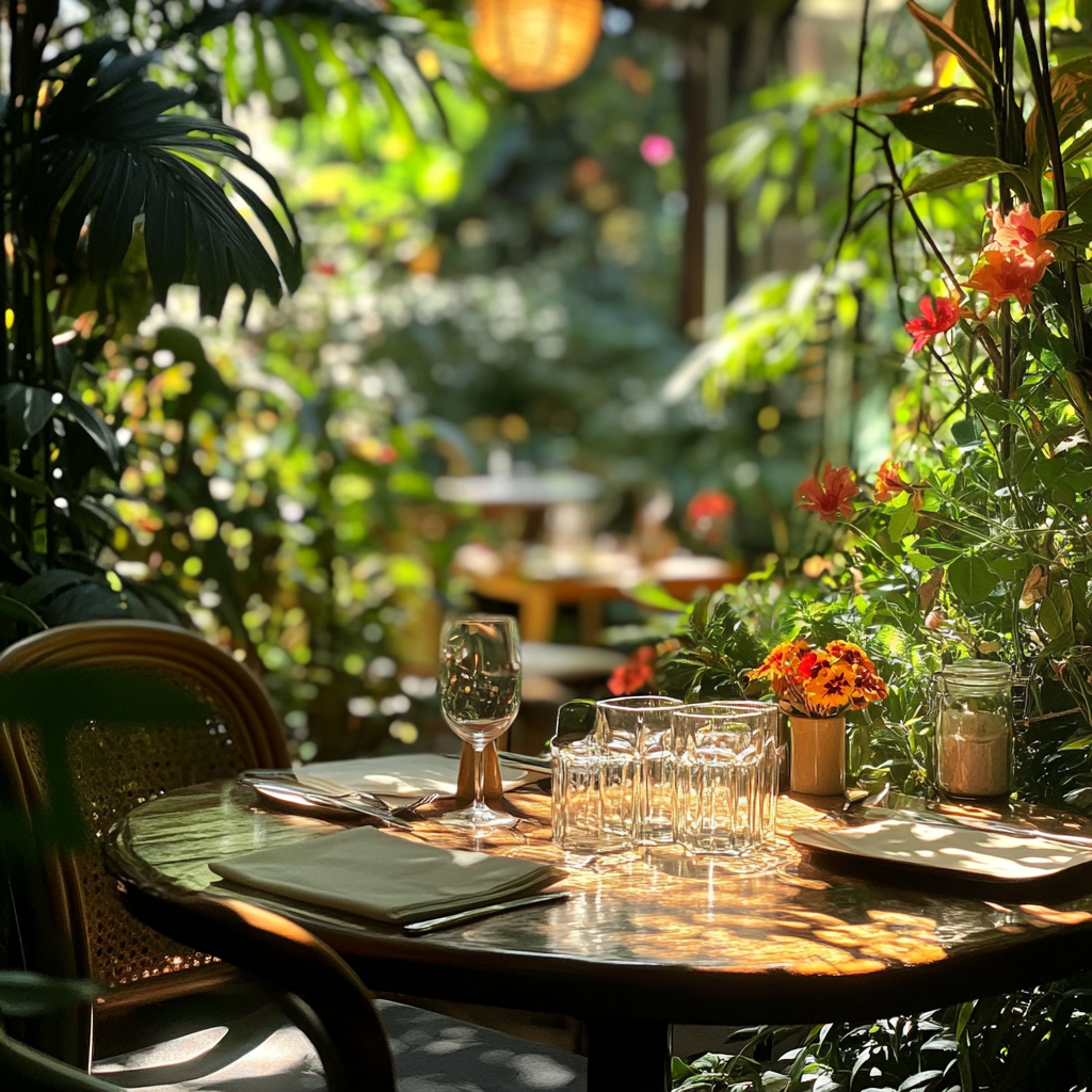 Tranquil outdoor lunch with flowers and greenery 