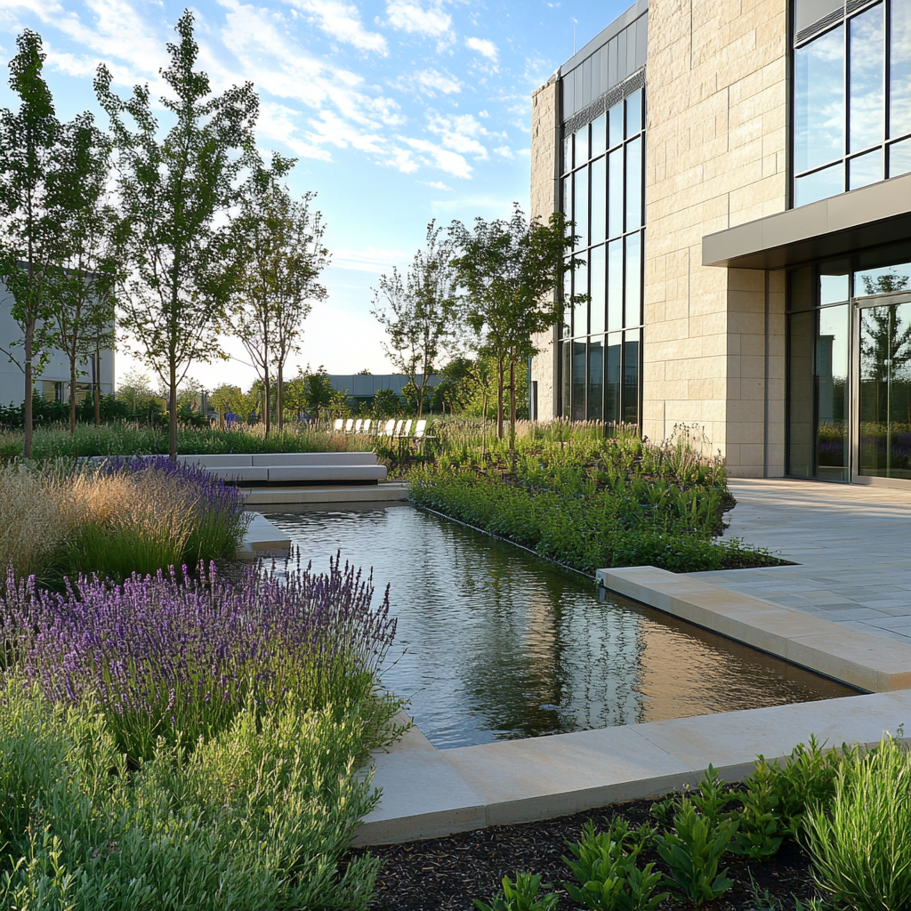 Tranquil university garden with aromatic plants and reflecting pool