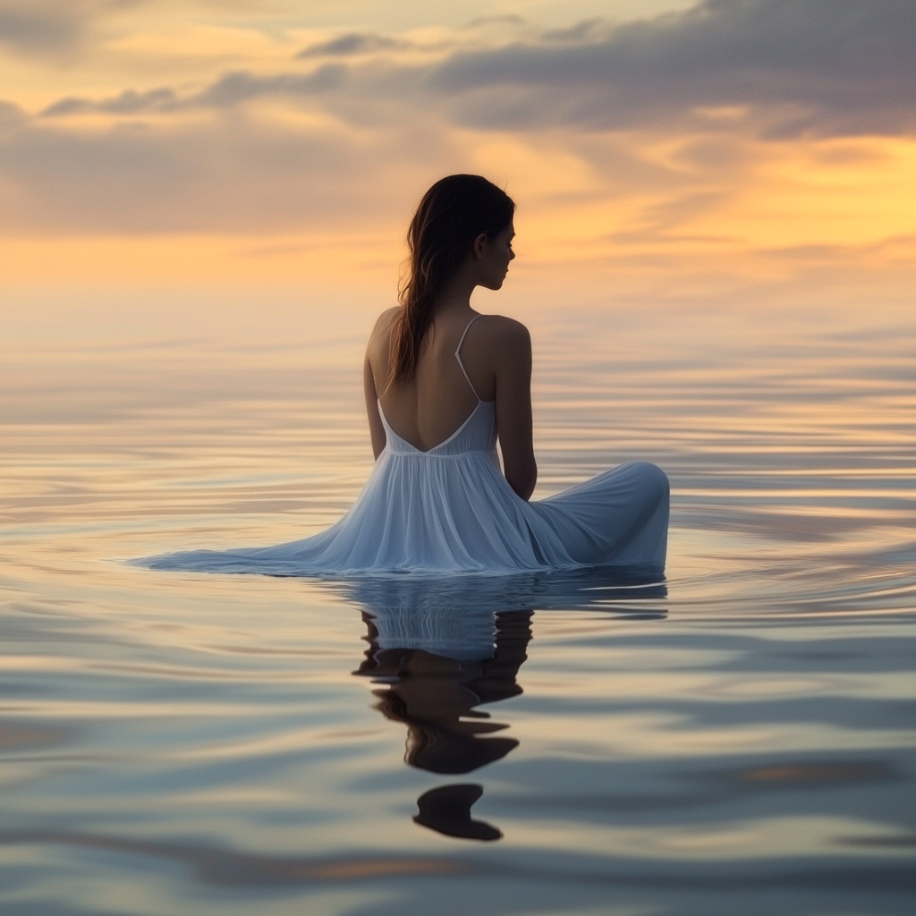 Tranquil woman on water, lost in dreamy sunset