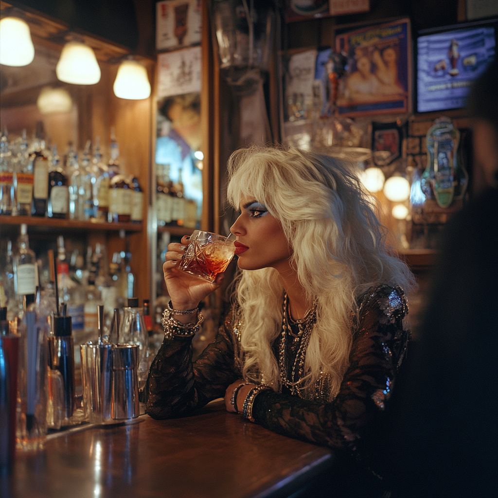 Trans woman orders Negroni, watches Sarah at bar.