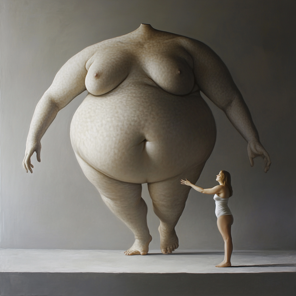 Transformation, self-acceptance symbolized as slim woman emerging from body.