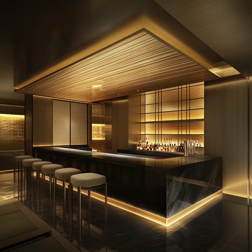 Transformative spa bar design, sleek, elegant, functional.