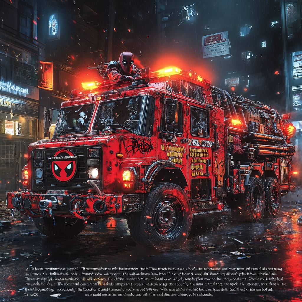 Transformed fire truck with Deadpool design, chaotic and playful.