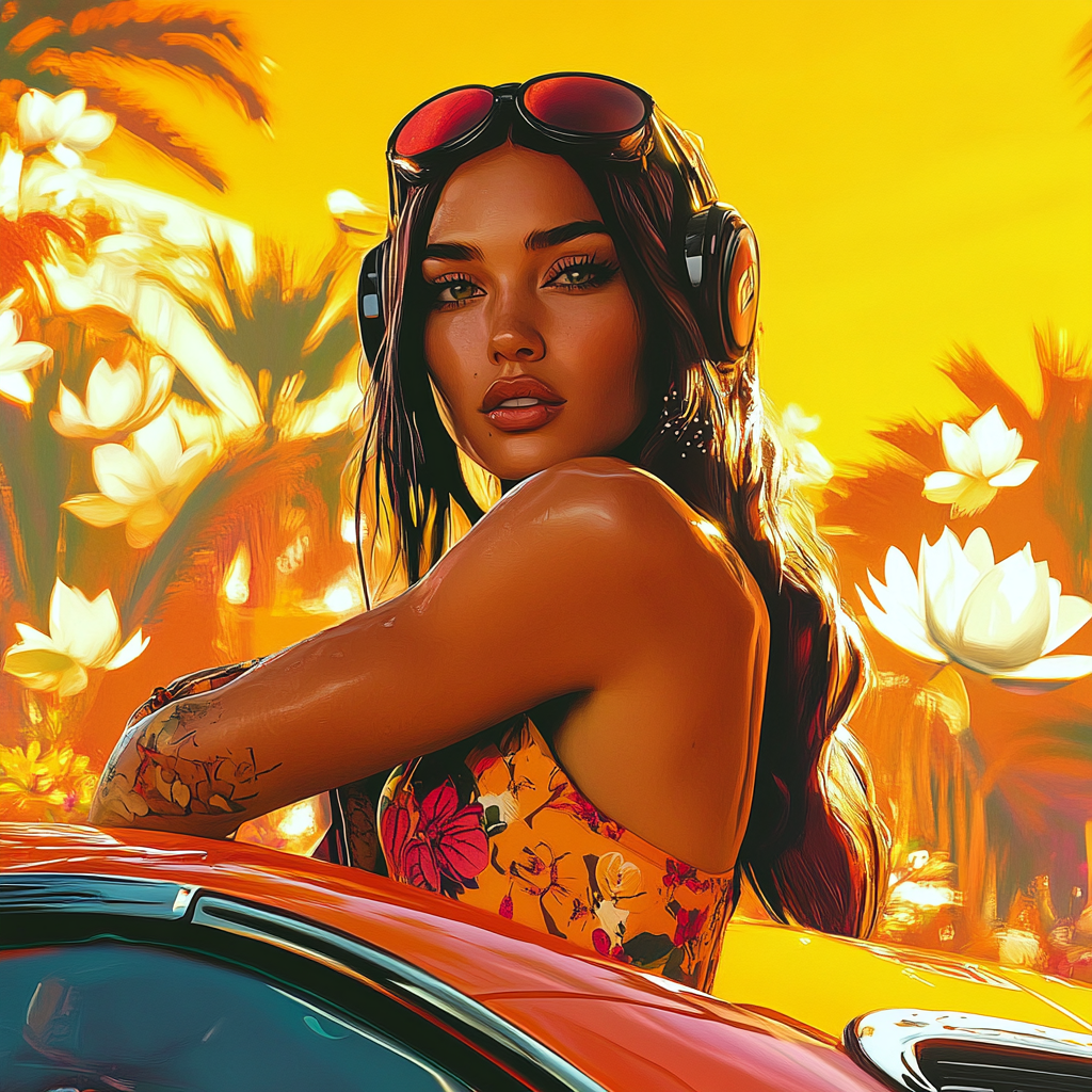 Transformers Star Megan Fox in GTA V Style with Opscor Helmet on Floral Background