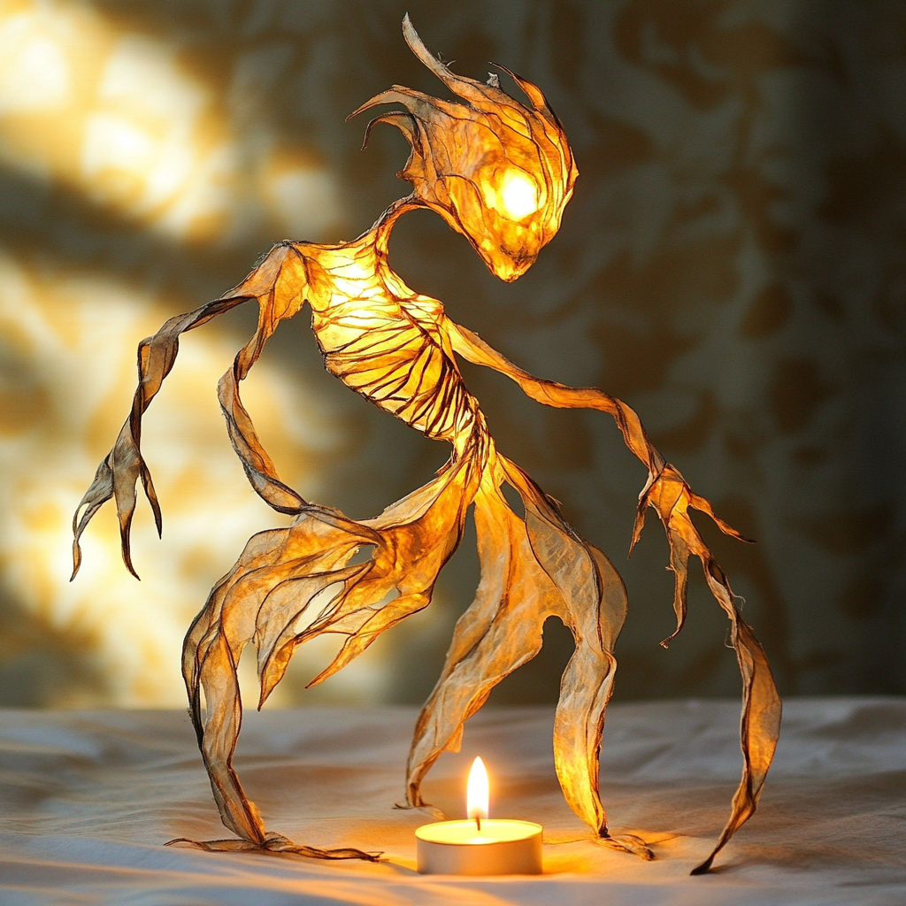 Translucent fire spirit puppet dances with flickering candle flame.